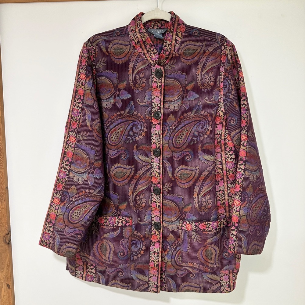 Koret Woman Jacket 16W Purple Paisley Floral Tapestry Button Front Pocket Jacket